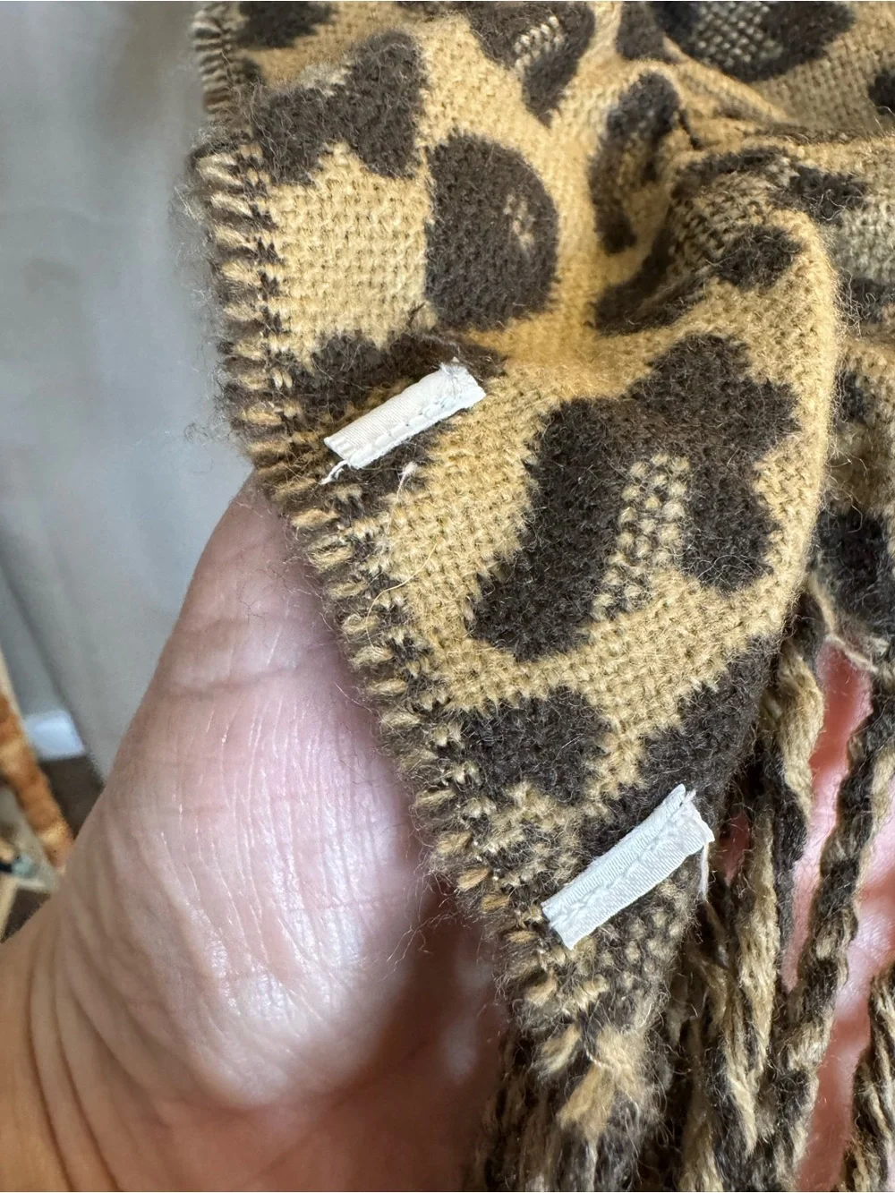 Leopard Print Fringe Knit Scarf in Black and Tan